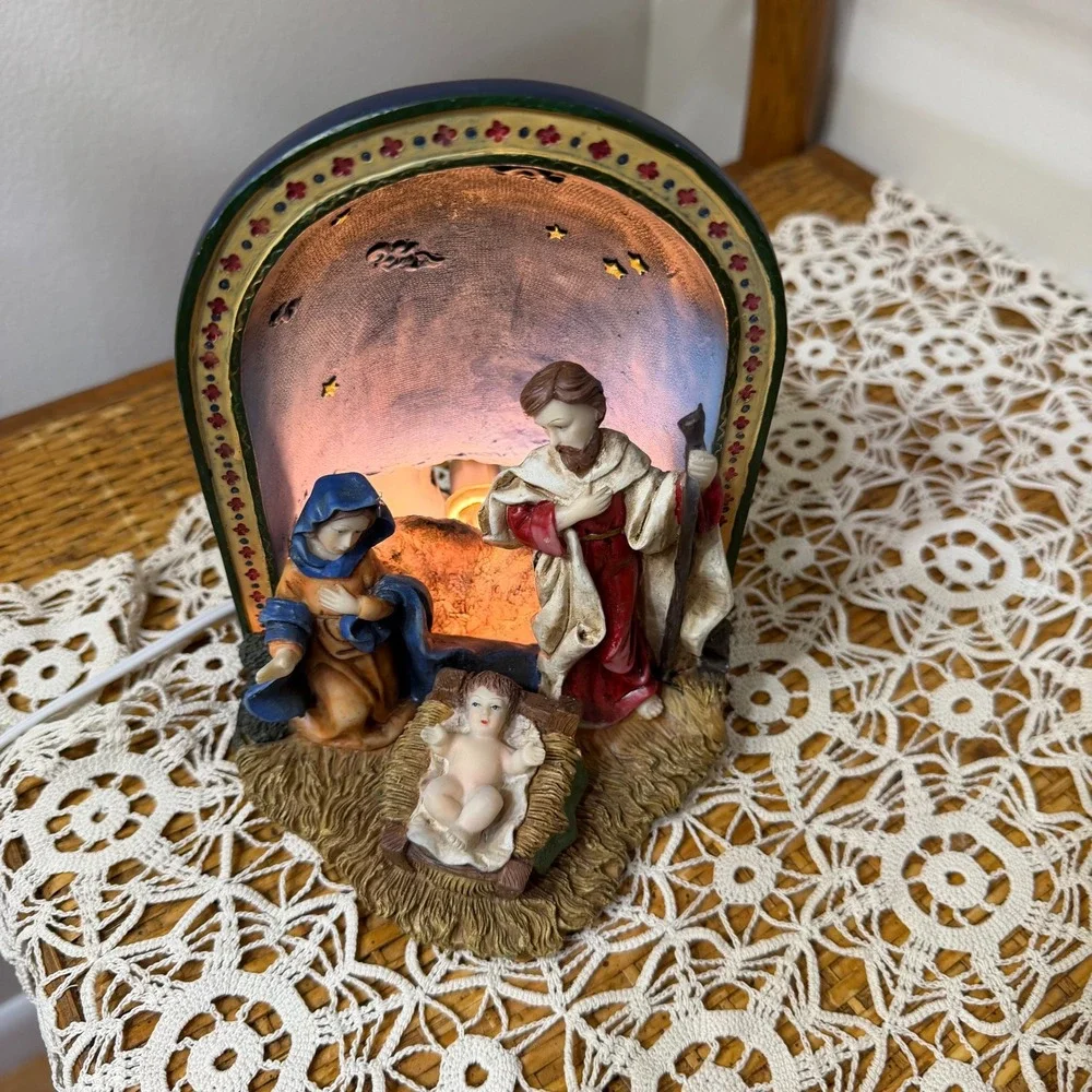 Vintage Autom Nativity Plug In Night Light Holy Family Resin Arched Grotto